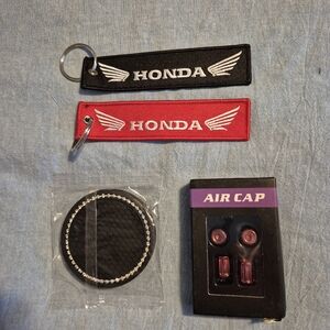 NIP Honda Accessories 2 keychains,2 Coasters & 4 Valve Stem Covers